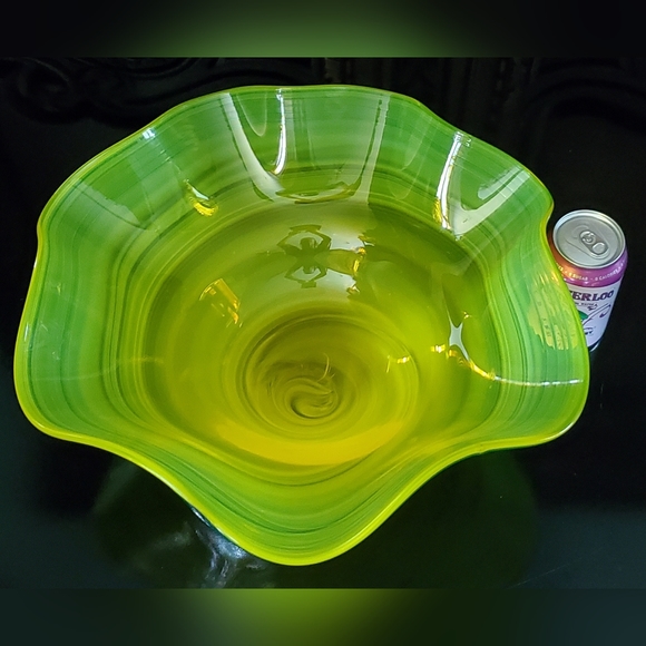 Huge Blenko 17" Handmade Yellow & Blue Art Glass Bowl - Picture 2 of 13